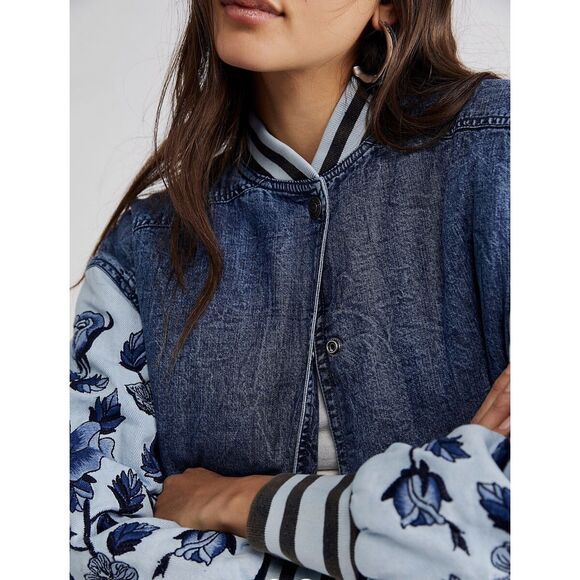 Free People Team Spirit Jacket Floral Roses Embroidered Sleeves Striped XS NEW - Picture 5 of 9